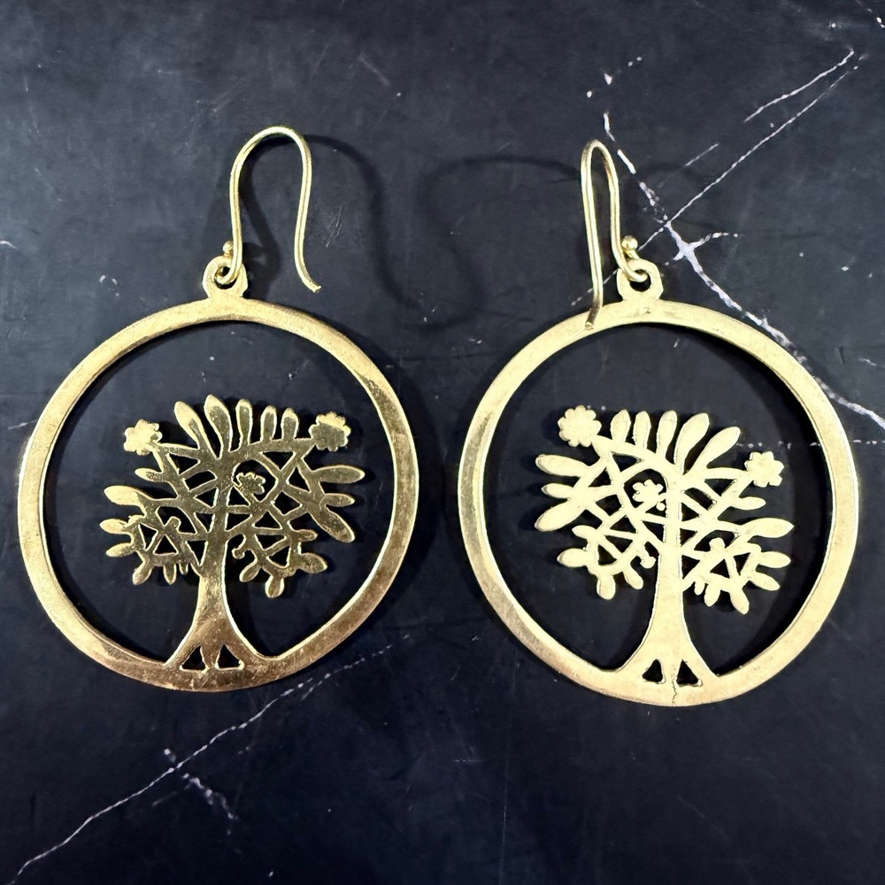 Vintage Brass 1.5in Round Tree of Life Earrings